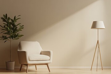 Beige room with chair, plant, and lamp