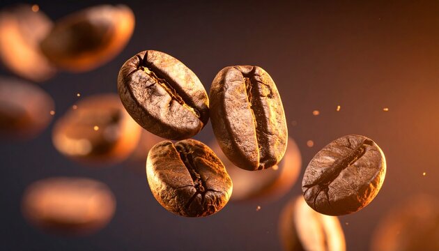 Primer plano de granos de caf&eacute; levitando, sobre fondo oscuro	
