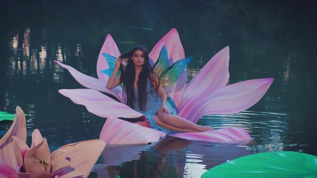 Night lake blue fog. Fantasy elf woman little fairy with butterfly wings sits in water lily flower throne. Summer nature dusk scenery artificial huge pink flowers on water. River nymph girl princess