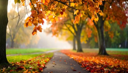 Autumnal park path lined with vibrant trees