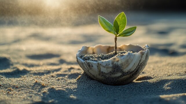 Bright green sapling growing from the cracks of a giant sun-drenched seashell resting on a sandy beach 
