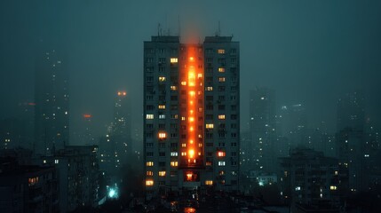 Fototapeta premium Foggy city night, tall building with glowing apartments