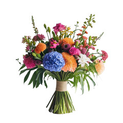 Obraz premium Colorful Hand Tied Bouquet with Blue Hydrangea and Roses — Bright Mixed Flowers for Celebrations and Gifts