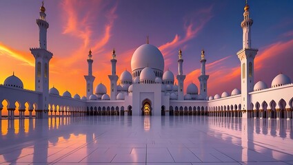 Grand mosque at sunset with fiery sky reflection