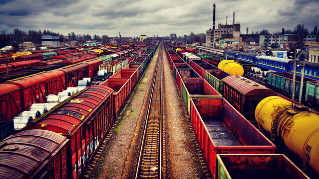  panoramic, high-angle shot of a railway yard with multiple rows of freight trains and cargo wagons under a cloudy, dramatic sky.