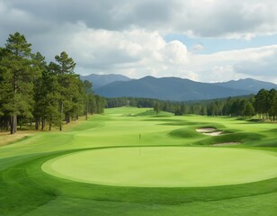 Green golf course with manicured fairways, sand traps under partly cloudy sky. Flag marks hole on putting green. Tall pine trees line course, leading to distant blue mountains, creating scenic,