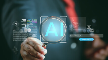 Businessman holding magnifying glass with AI letters, symbolizing artificial intelligence, data analysis, coding technology, and innovation in modern digital transformation.