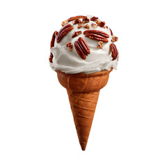 Ice cream cone topped with pecans, isolated on a transparent background, evokes a sense of indulgence and summer delight, perfect for dessert-themed projects