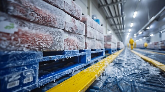 Rows of stacked plastic bottles on blue pallets in a brightly lit industrial warehouse with a yellow safety line on the floor