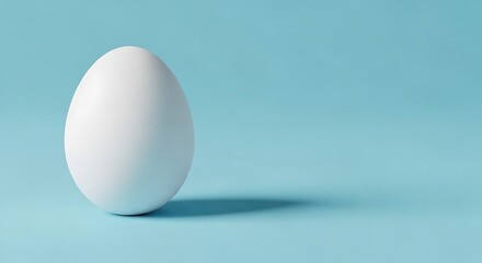Single pristine white egg casting subtle shadow on clean light blue background representing new beginnings or simple perfection
