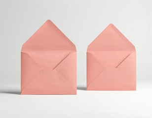 Pink envelopes side by side with flaps open. Light gray background showcases identical mail boxes. Slightly offset positioning creates visual interest.