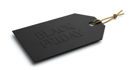Black friday tag with golden string on white background for promotional marketing campaign sale event