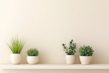 Fototapeta premium Three plants in cream pots on a light shelf against a cream wall