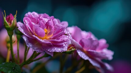 Naklejka premium Close-up of vibrant pink roses with dew drops, set against a blurred blue background, showcasing nature's beauty