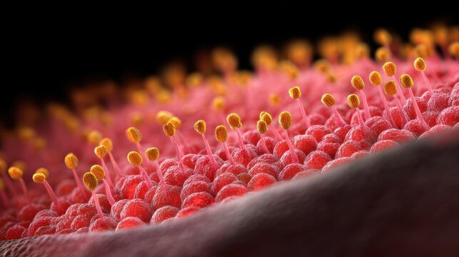 Close-up view of vibrant pink and yellow microscopic structures resembling plant pollen under a dark background