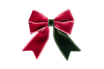 Festive red and green velvet bow isolated on a transparent background, perfect for holiday decorations and gift wrapping, evokes a sense of Christmas cheer and elegance