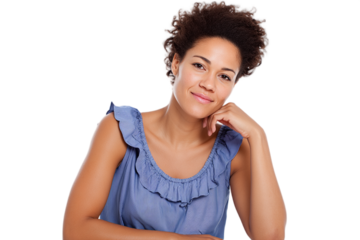 Smiling African American woman in casual attire, relaxed pose with hand on chin, isolated on a transparent background, conveying confidence and warmth