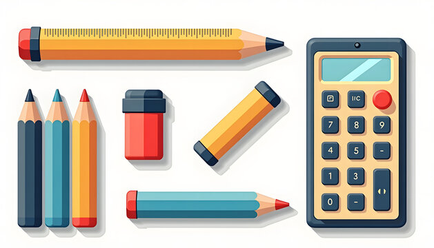 School supplies graphic illustration featuring pencils, an eraser, calculator, and a ruler.