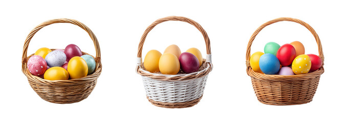 Three wicker baskets filled with colorful Easter eggs, isolated on a transparent background, vibrant holiday decoration, perfect for spring festivities