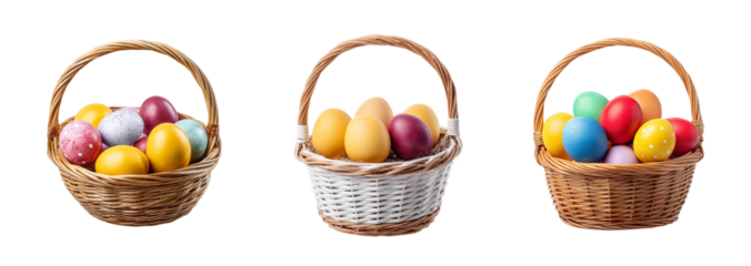 Three wicker baskets filled with colorful Easter eggs, isolated on a transparent background, vibrant holiday decoration, perfect for spring festivities