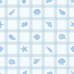 Seamless pattern of seashell on gingham