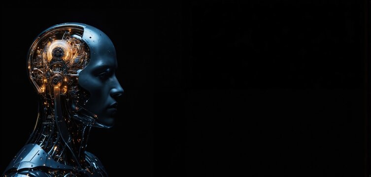 Side profile of robotic head with human-like face, exposed internal mechanics. Metallic blue android head features intricate wiring, glowing orange lights. Set against stark black background with