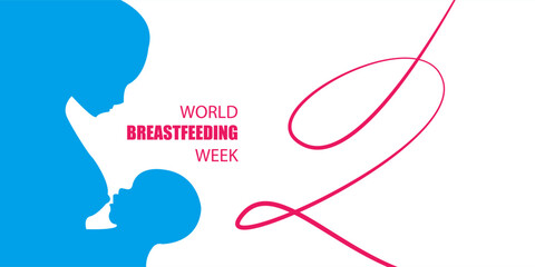 World breastfeeding week illustration with mother and baby in heart shape on a dark blue background