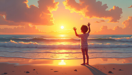 Fototapeta premium A child enjoys the beauty of a sunset at the beach, arms raised in joy.