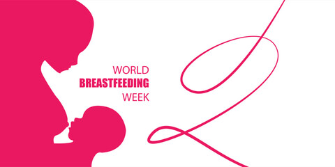 World breastfeeding week illustration with mother and baby in heart shape on a dark blue background