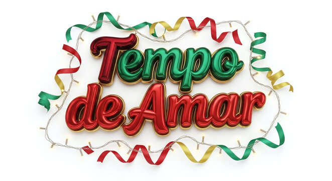 Tempo de amar text with green and red colors and ribbons on a white background design element