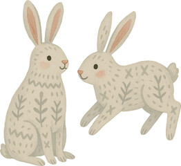 Vector charming watercolor rabbits in Scandinavian folk style with Nordic decorative patterns. For Christmas cards, winter woodland illustrations, rustic holiday design, and festive New Year projects