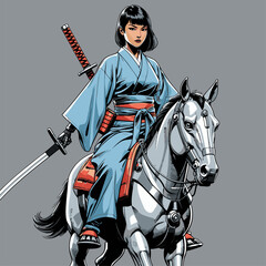 vector image of a robot wearing a kimono riding a robot horse