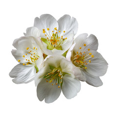 Delicate white cherry blossoms isolated on a transparent background, symbolizing renewal and springtime beauty, perfect for seasonal decor and floral designs
