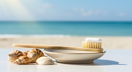 Bamboo Toothbrush with Toothpaste and Seashells on Beach Background
