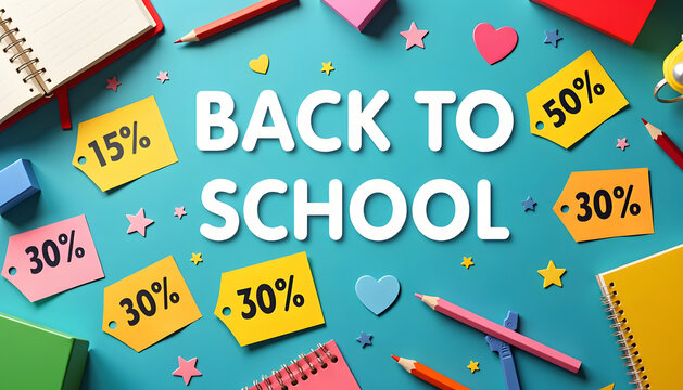 Back to school promotion with vibrant colors, supplies, and discount tags. - Powered by Adobe