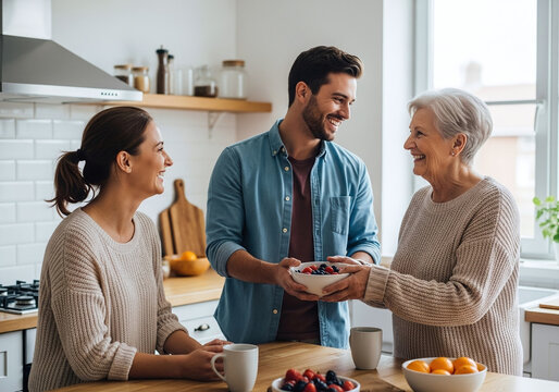 A young man offering a bowl of berries to an older woman in a bright modern kitchen scene smiling