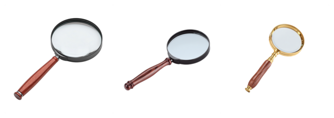 Set of magnifying glasses isolated on a transparent background, showcasing different handle designs and sizes, ideal for detective themes or educational purposes
