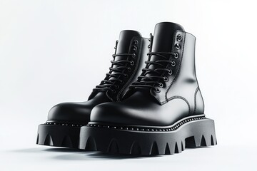 Black leather combat boots on white background (2)