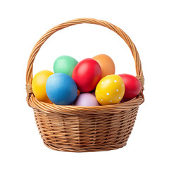 Colorful Easter eggs in a wicker basket, vibrant springtime decoration isolated on a transparent background, festive holiday symbol with cheerful hues