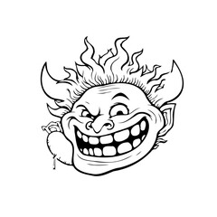 Black and white illustration of a mischievous grinning troll face with devilish horns and flowing hair