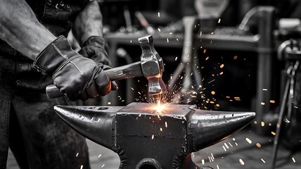 Close up of a blacksmith s hands powerfully striking hot metal on an anvil with sparks flying in a workshop