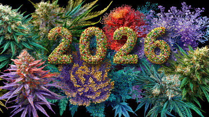 Obraz premium 2026, surreal colorful cannabis plants and fireworks. New Year