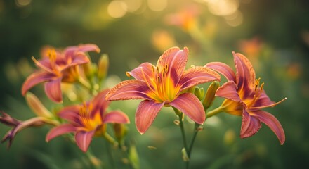 Naklejka premium Close-up of orange and purple daylilies with soft bokeh background