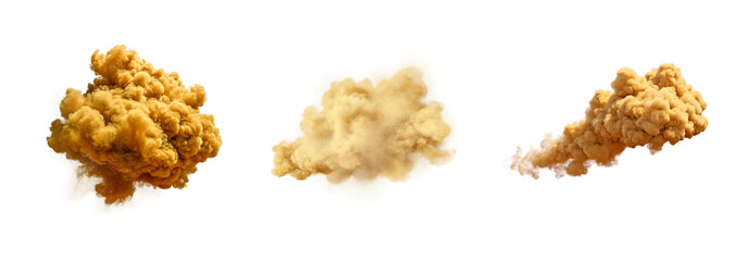 Set of three smoke clouds isolated on a transparent background, varying shapes and densities evoke dynamic movement, useful for digital art or special effects