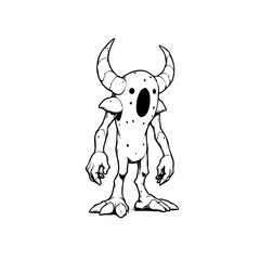 Illustration of horned cartoon monster character in black and white for coloring book or print