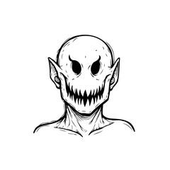 Spooky halloween character illustration showcasing a bald eerie smiling figure with sharp teeth and dark eyes isolated