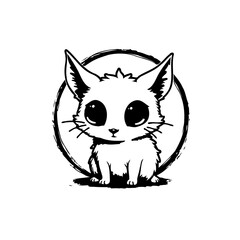 Adorable cartoon cat with large eyes and a grungy circular background illustration for kids