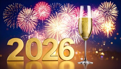 Imagen hiperrealista de celebración de fin de año el texto 2026 en números 3D, hechos de material dorado brillante y elegante, concepto año nuevo