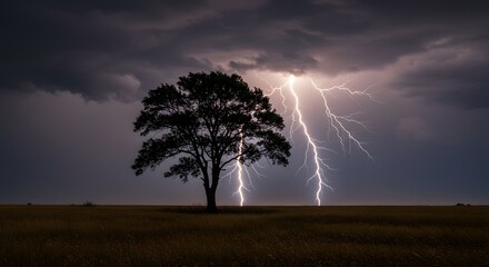 Dramatic Lightning Strike Over Lone Tree in Field at Dusk