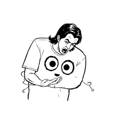 Surprised man with funny face shirt expressing shock and disbelief in expressive black white line art